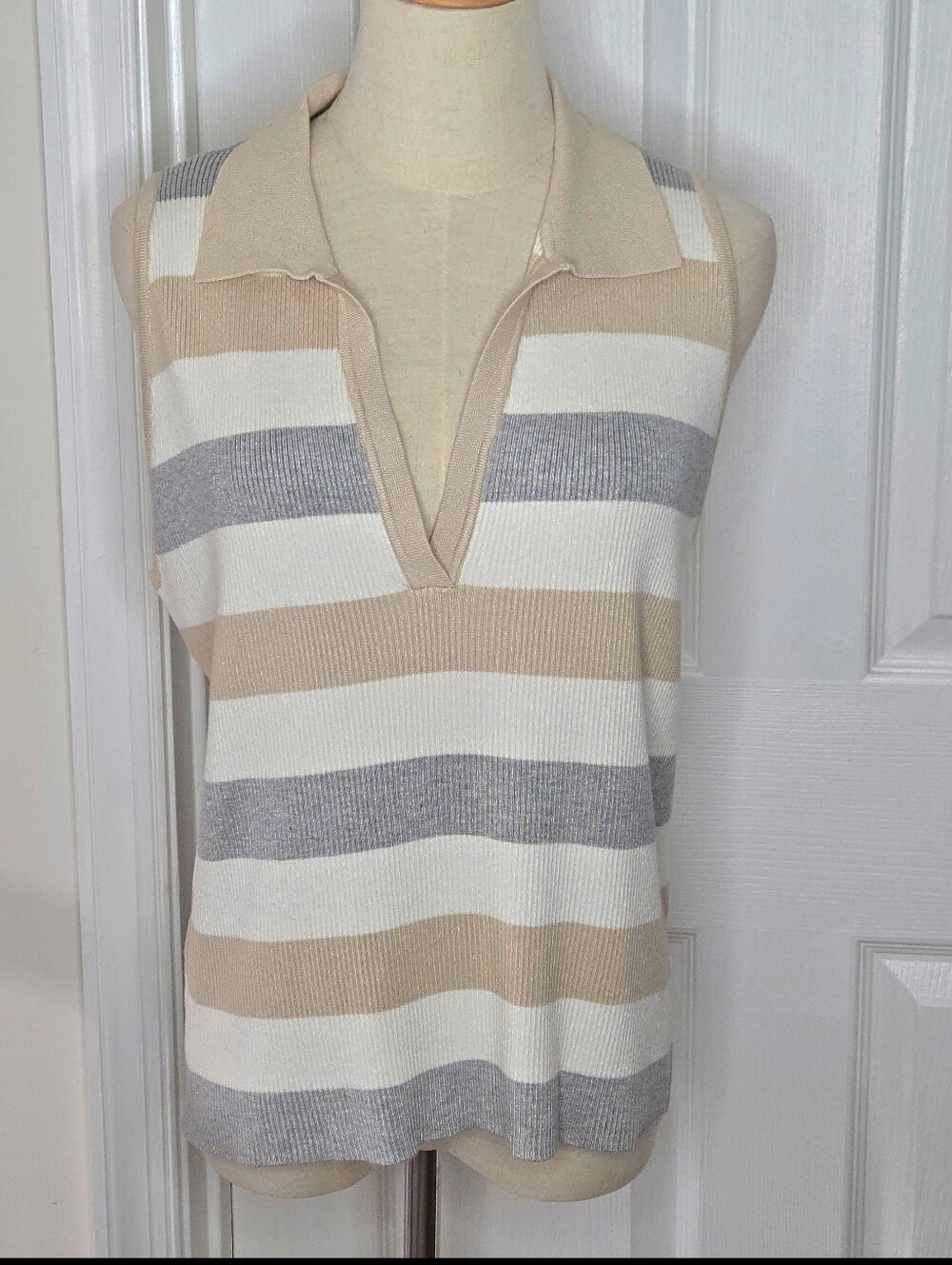 Halston Tan Gray White Striped Sleeveless Ribbed Knit Top Collared Tank Vest XL